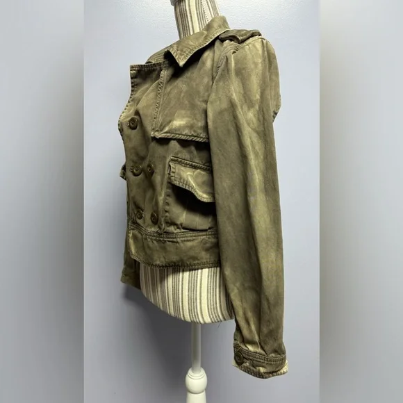 LONDON Jean Olive dyed distressed cropped double breasted utility Jacket size L - Picture 3 of 15